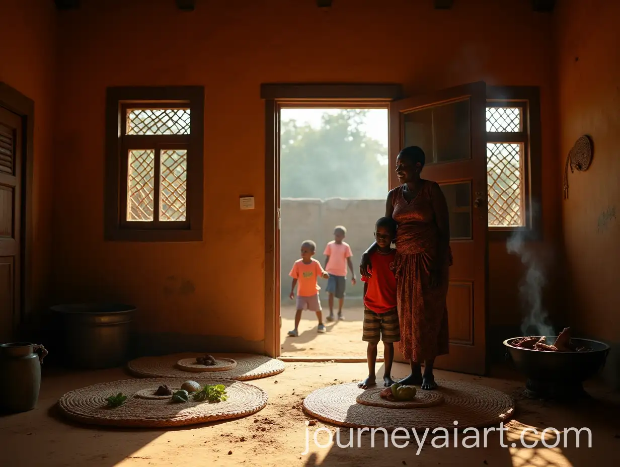 Mother-and-Son-in-Traditional-African-Compound-with-Mandazi-and-Children-Playing