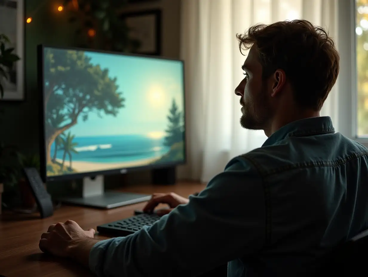 Person-Sitting-Calmly-Watching-Computer-Screen-with-Tranquil-Scene-Emerging