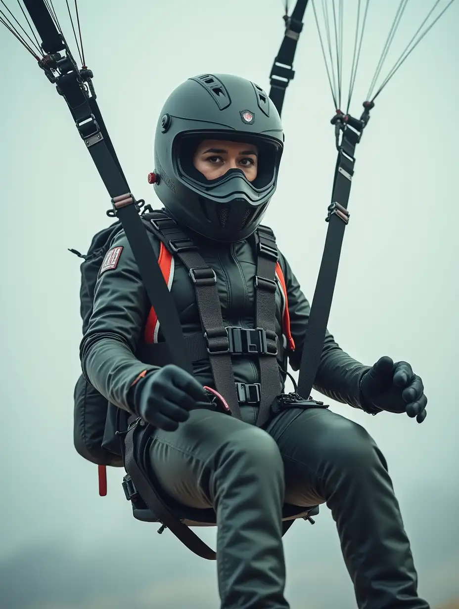 a 16 year old female masked paragliding cadet, in air, suspended on straps, fully covered, wearing a modern parachute suit with lots of harness, full motorcycle helmet with mask, gloves, attached equipment