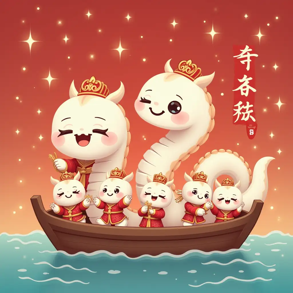 aspect ratio 9:16   kawaii white snake and kawaii seven gods, on a boat, New Year's celebration-like sparkling background