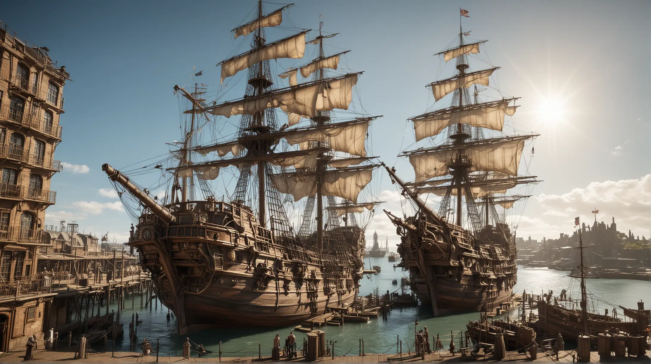 a big galleon prepares for putting to sea in a large steampunk harbour, sunny