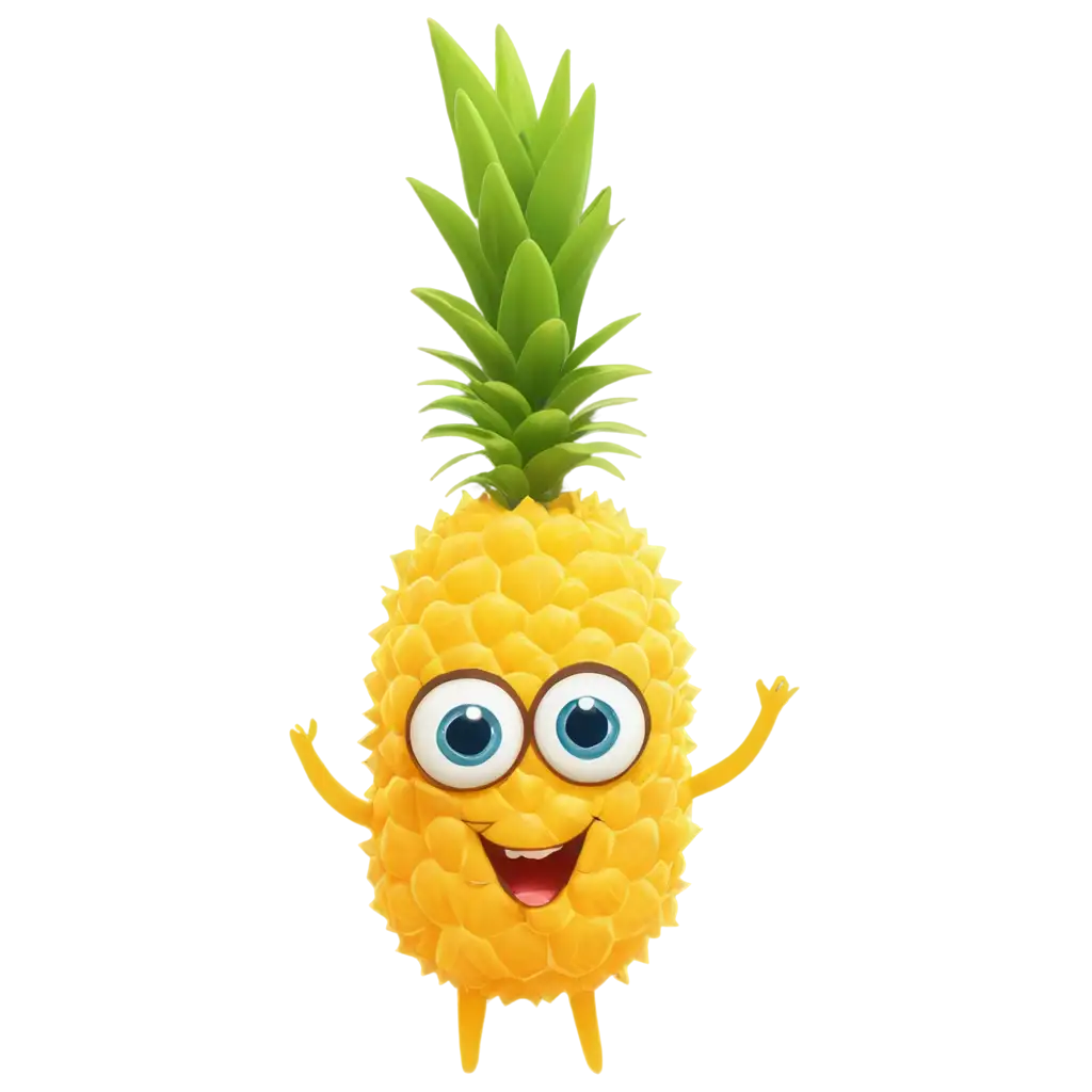 CartoonStyle-Yellow-Pineapple-with-Green-Flowers-PNG-Image-Playful-and-Vibrant-Character-Design