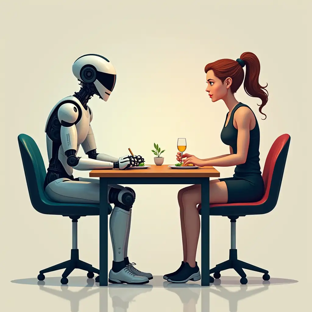 AI robot vs dietician are sitting next to an elite endurance athlete and the athletes needs to choose between the advice of each. Illustration, 4k