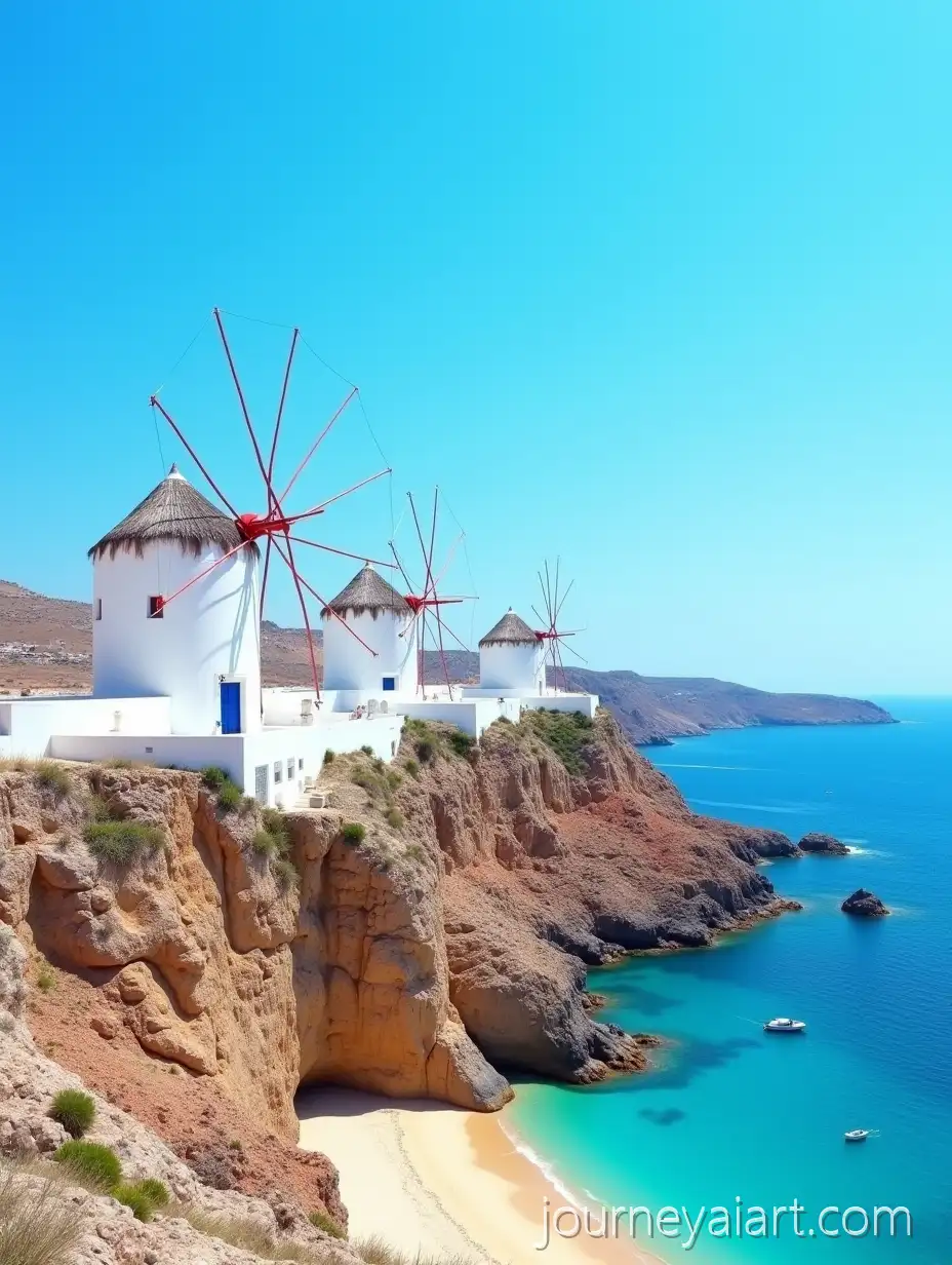 Picturesque-Mediterranean-Coastal-Scene-with-White-Windmills-on-Rugged-Cliffs