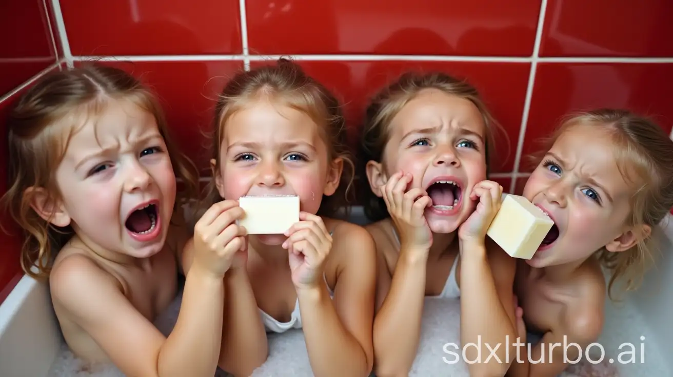 Four-Adorable-Preschool-Girls-Washing-Mouths-in-Bathtub-with-Soap