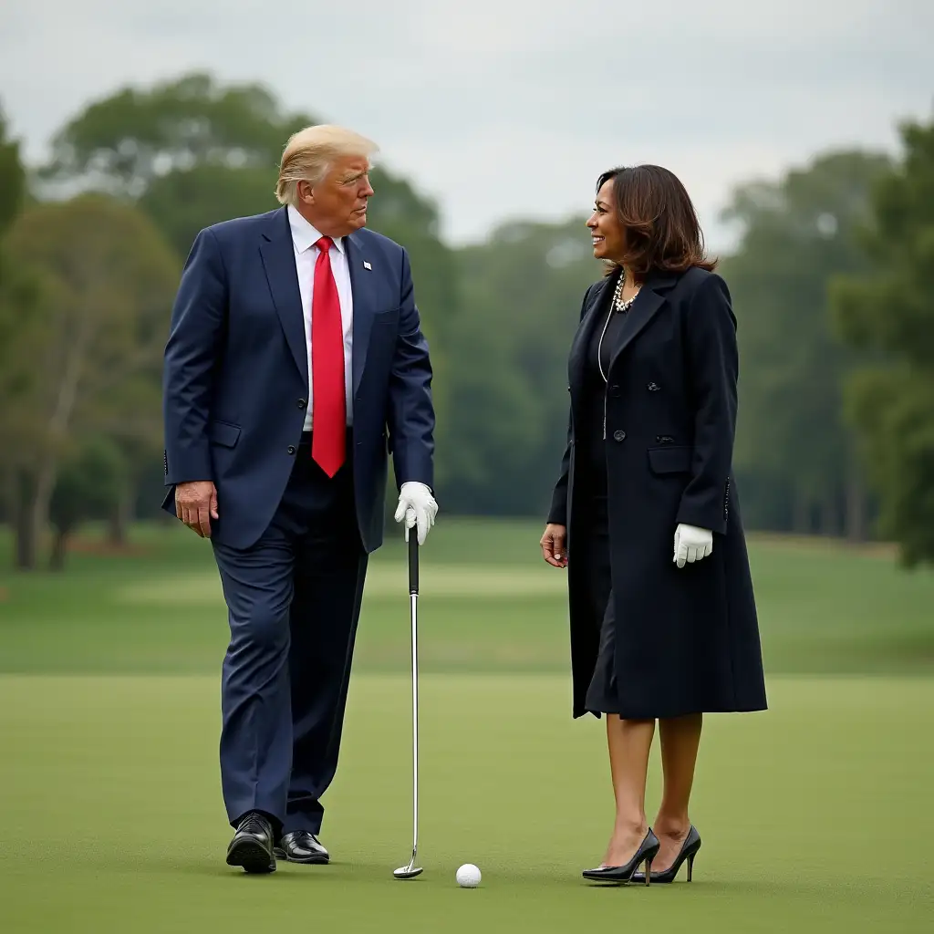 Donald Trump playing golf with Kamala Harris