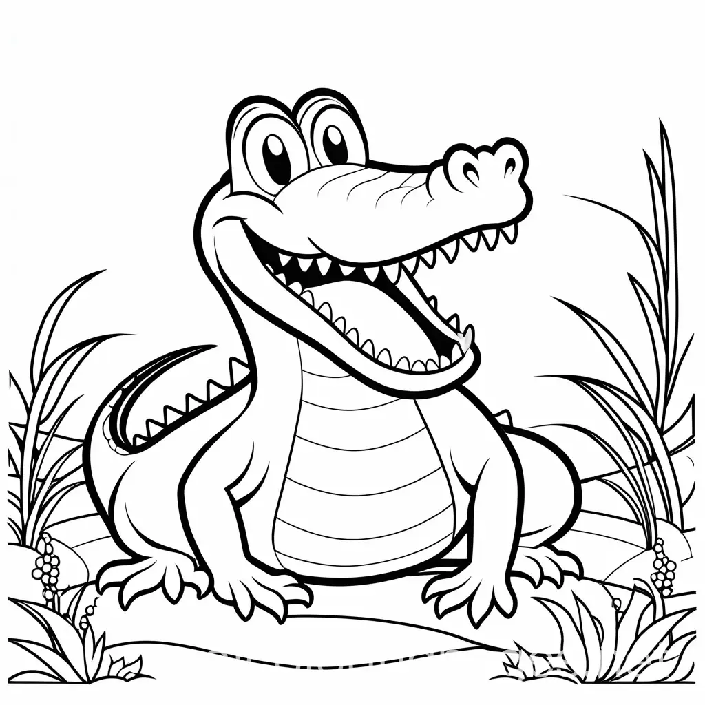 A Happy cocodrile, Coloring Page, black and white, line art, white background, Simplicity, Ample White Space. The background of the coloring page is plain white to make it easy for young children to color within the lines. The outlines of all the subjects are easy to distinguish, making it simple for kids to color without too much difficulty