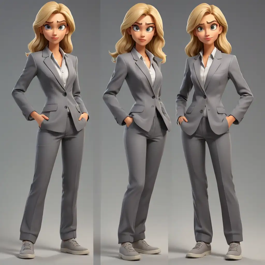 woman in 3D modern cartoon style, game character sheet reference, blond straight hair, mocking look, different poses set, grey pantsuit, shoes, Hand in the pockets of his trousers, Hand at the chin,  full-body shot, two different poses, full body, 2 poses, maximum detail, best quality, HD, gorgeous light and shadow, detailed design, 3D quality