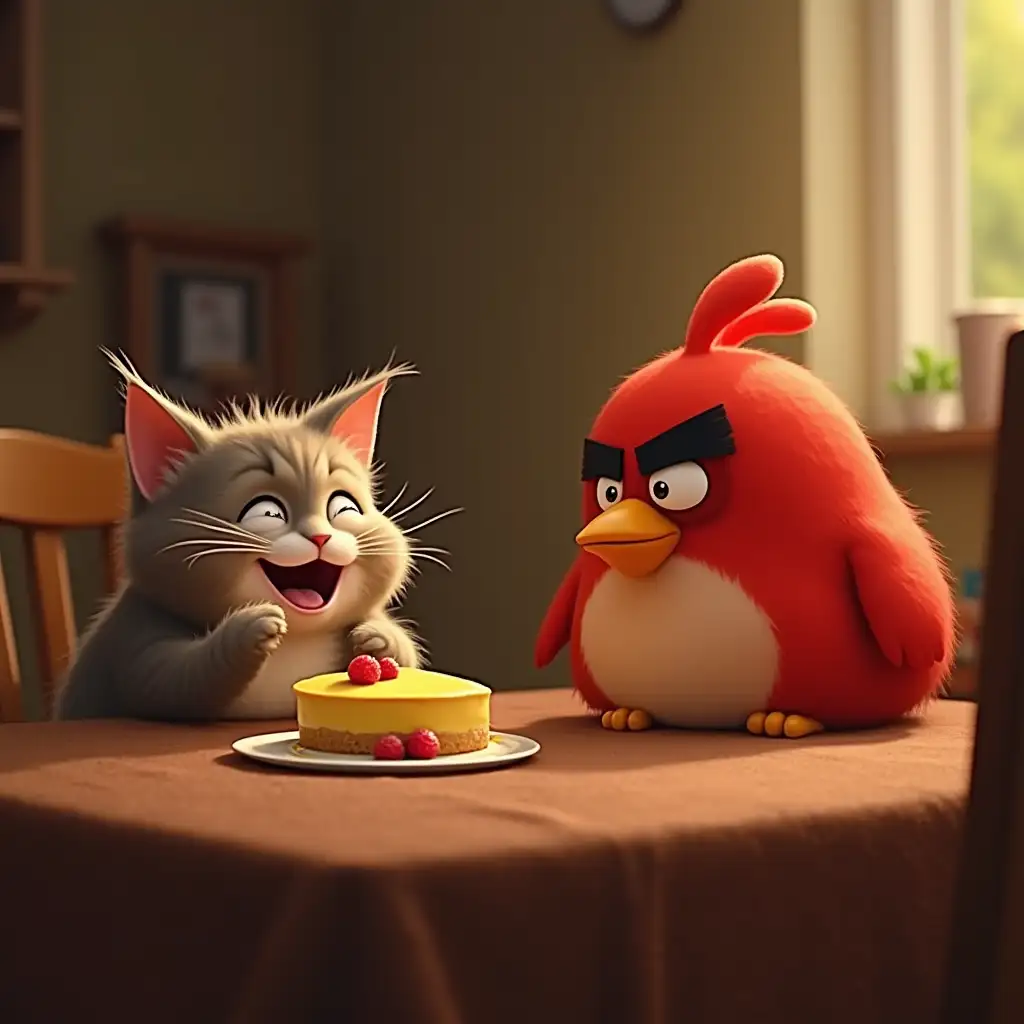 Cute-Cat-and-Large-Red-Bird-Enjoying-Cheesecake-in-Cozy-Setting