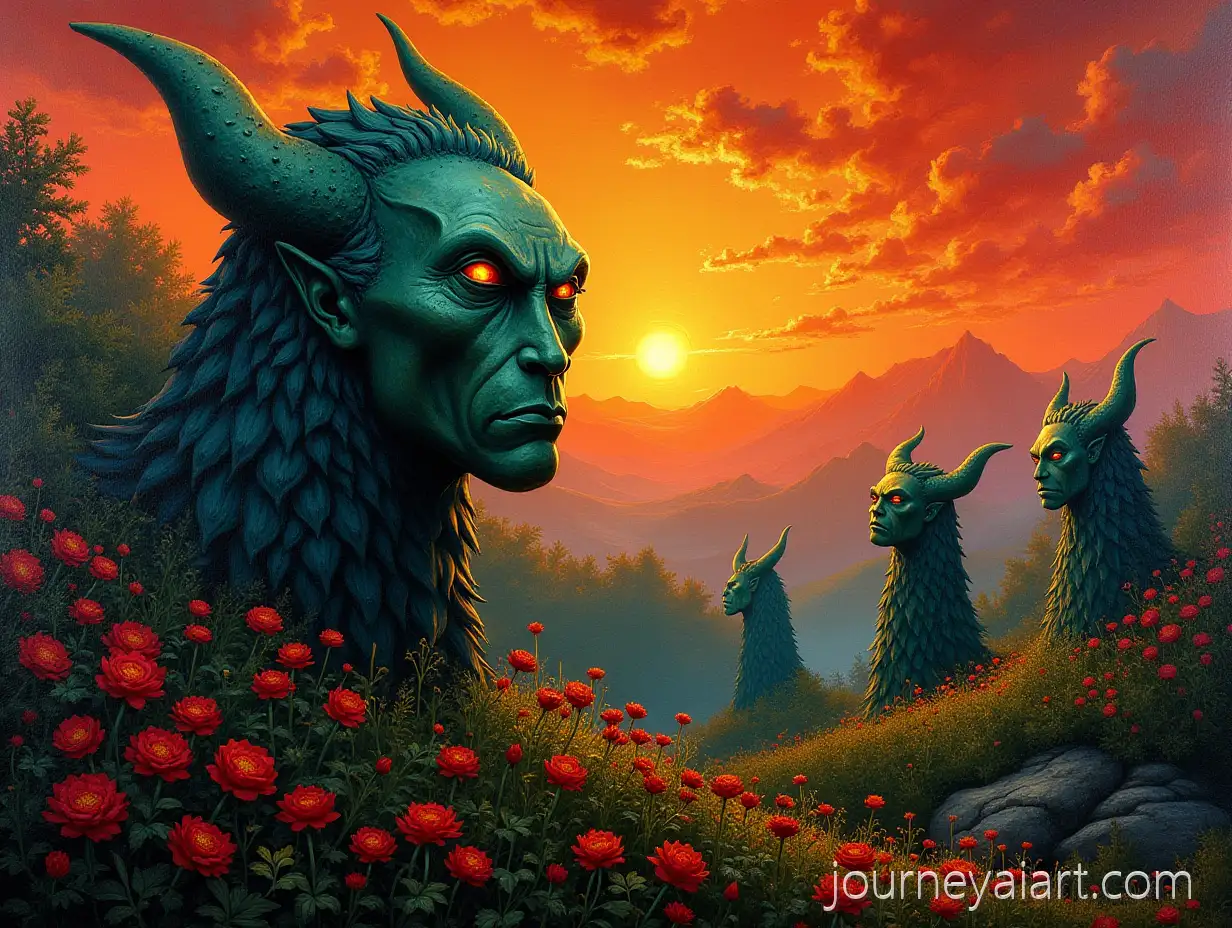 Demonic-Banner-withDemonic-Wonders-Banner-Parisian-Doorhead-Sculptures-and-Vibrant-Sunset-Over-Acid-Green-Vegetation