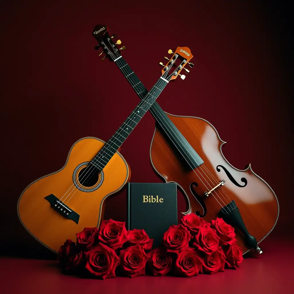 a guitar and an upright bass crossed with red roses around and in the middle a bible