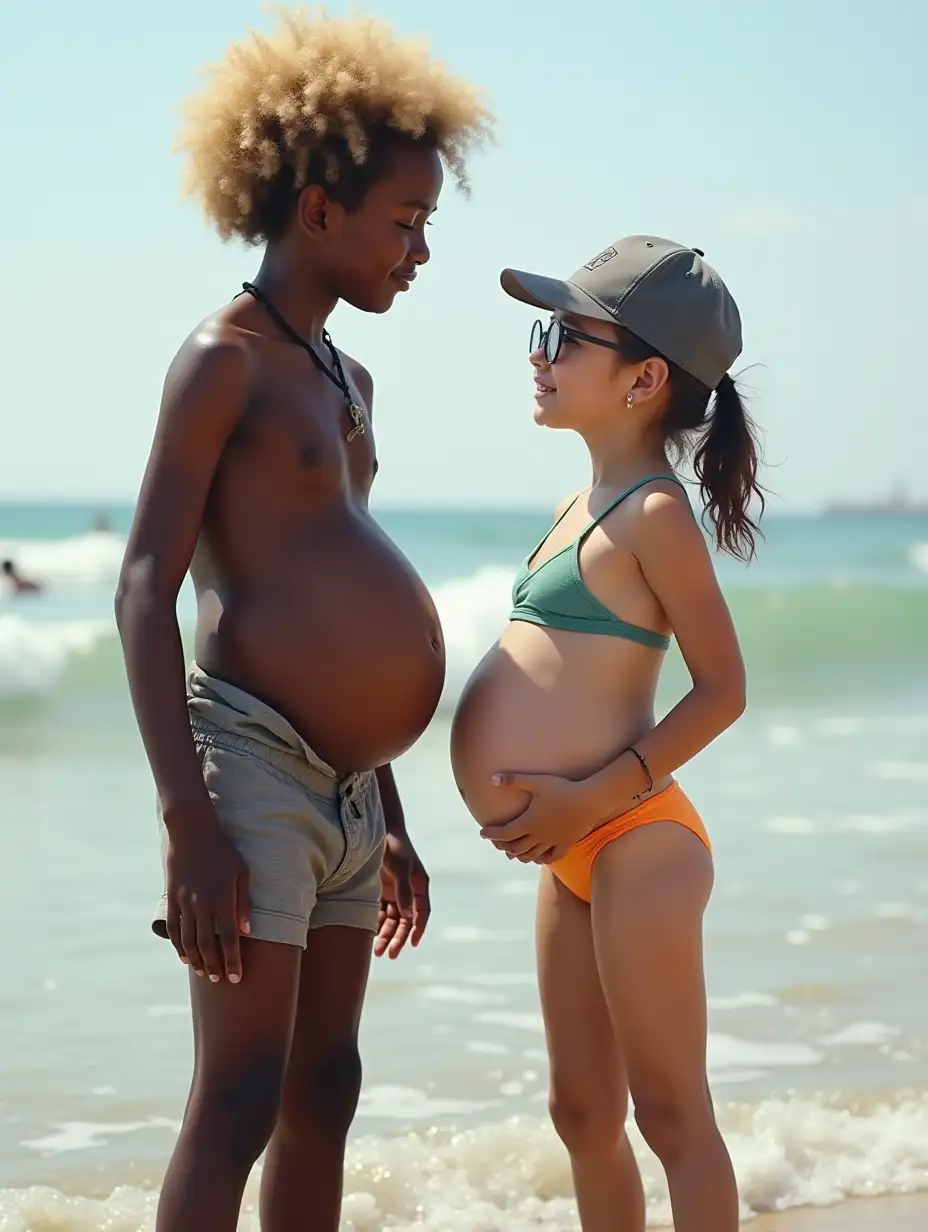 Teen-Boy-and-Young-Girl-with-Huge-Bloated-Bellies-at-the-Beach-Candid-Surfer-Style