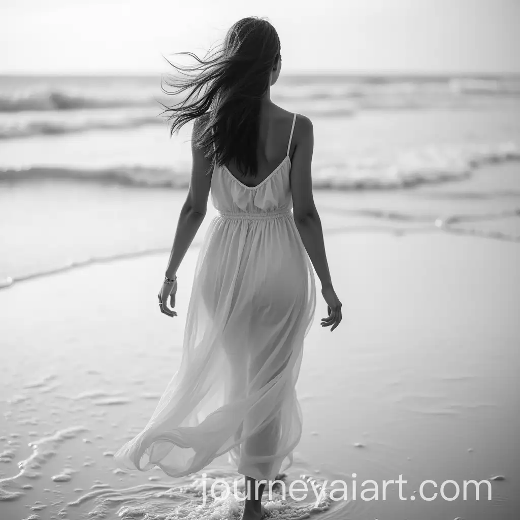 Beautiful-Woman-Walking-on-Windy-Beach-in-Black-and-White