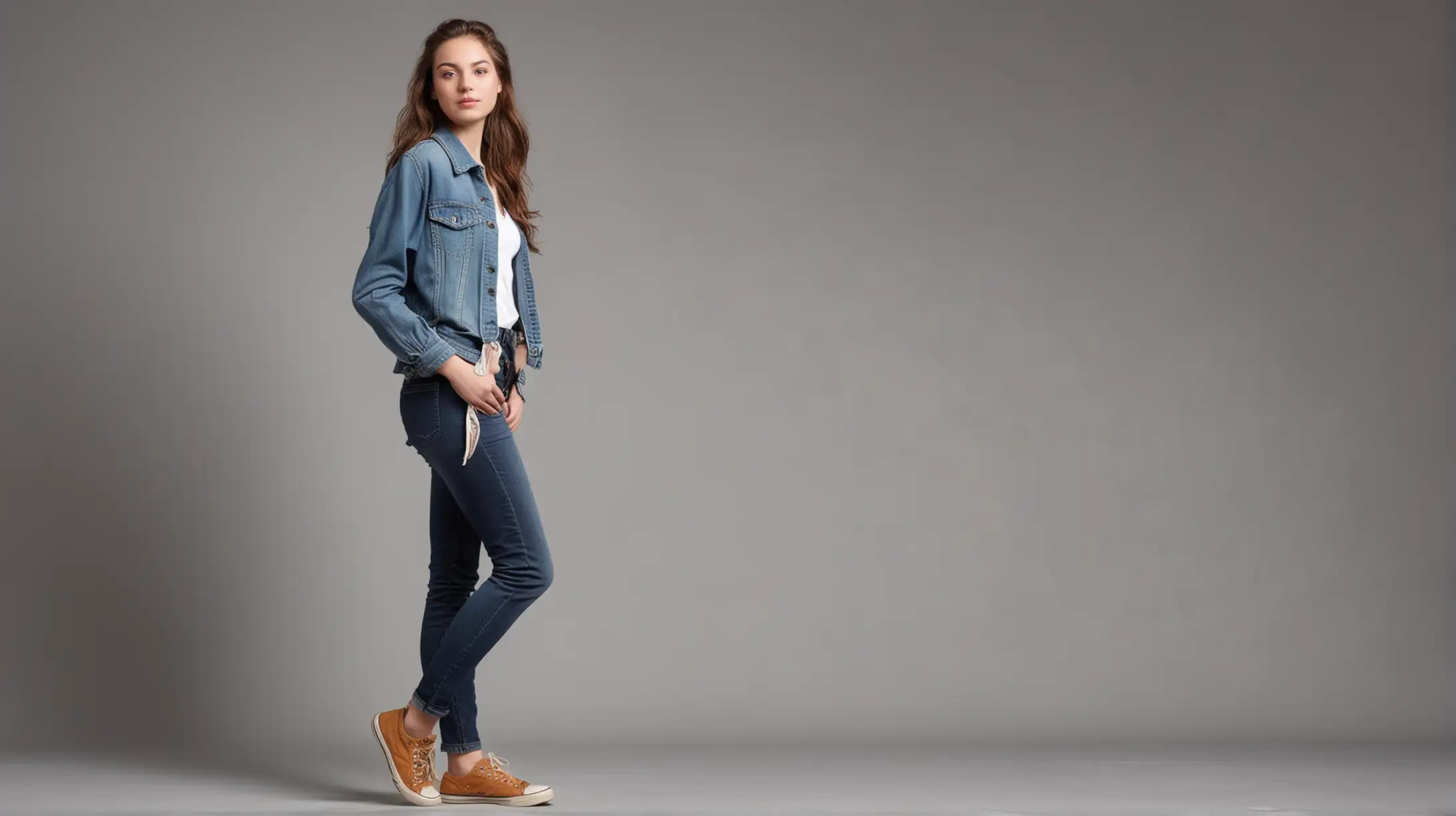 Fashionable Young American Woman Standing Sideways in Casual Clothing