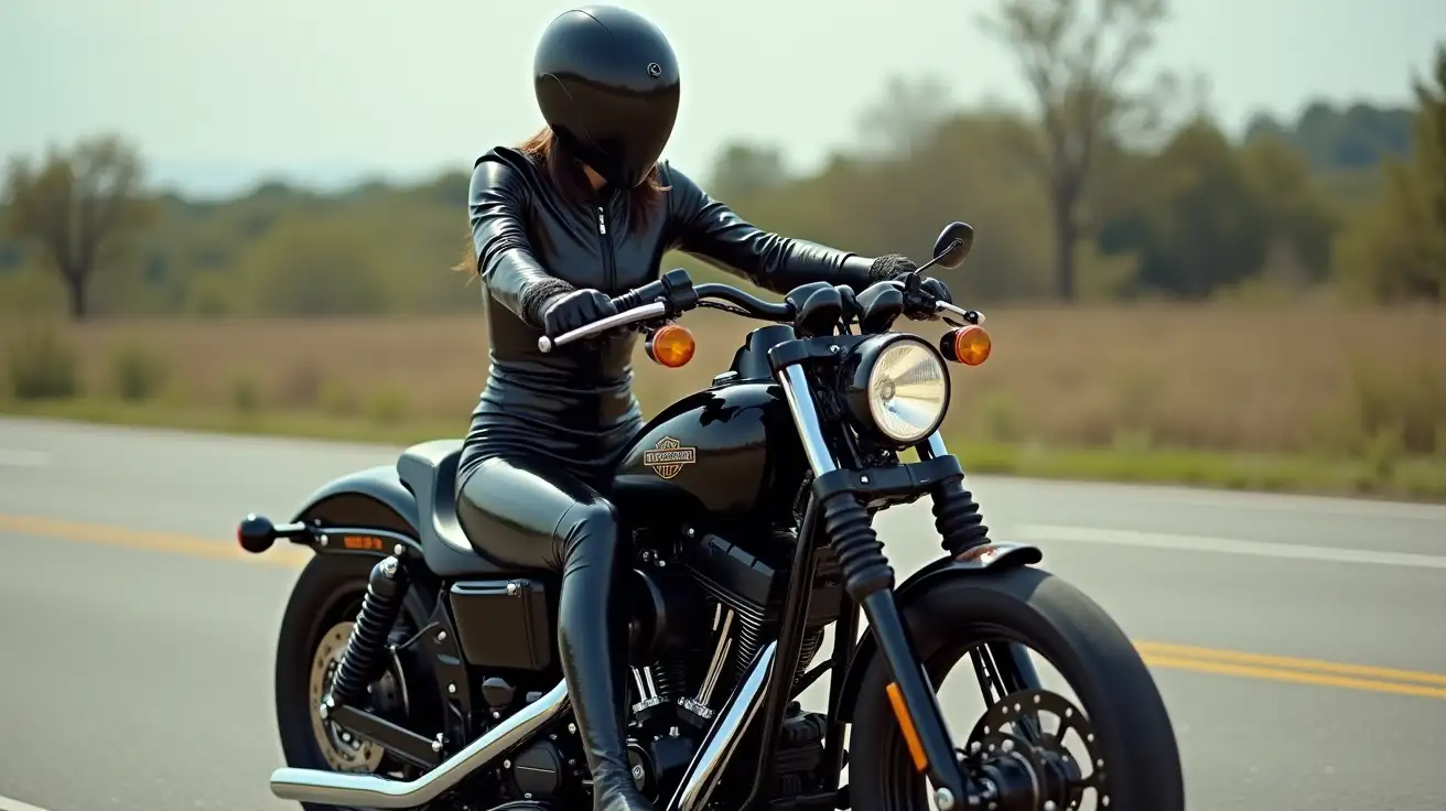 Woman-Riding-a-Harley-Davidson-in-a-Shiny-Black-Vinyl-Catsuit