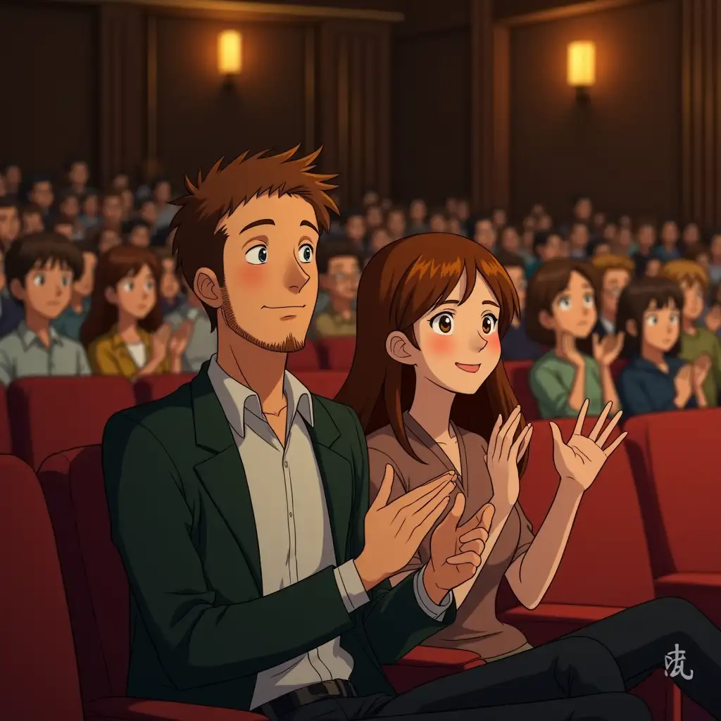 Interior of a concert hall in Studio Ghibli style. Albert and Elvira sit next to each other in the center of the frame, applauding artists with expressions of admiration and interest on their faces. Albert is a man with a neat short beard, light skin with a cold undertone, and short chestnut brown hair. Elvira is a slim young woman with long chestnut brown hair, soft features, and a warm expression on her face. They sit together on soft chairs in the hall, full of spectators. Others around - on nearby seats and rows - are present, but slightly blurred and softly stylized to keep the focus on Albert and Elvira. The atmosphere is solemn and warm, with soft, subdued light and light golden accents from the stage. The illustration is done in Studio Ghibli's hand-drawn animation style - soft lines, saturated but warm colors, and cel-shading.