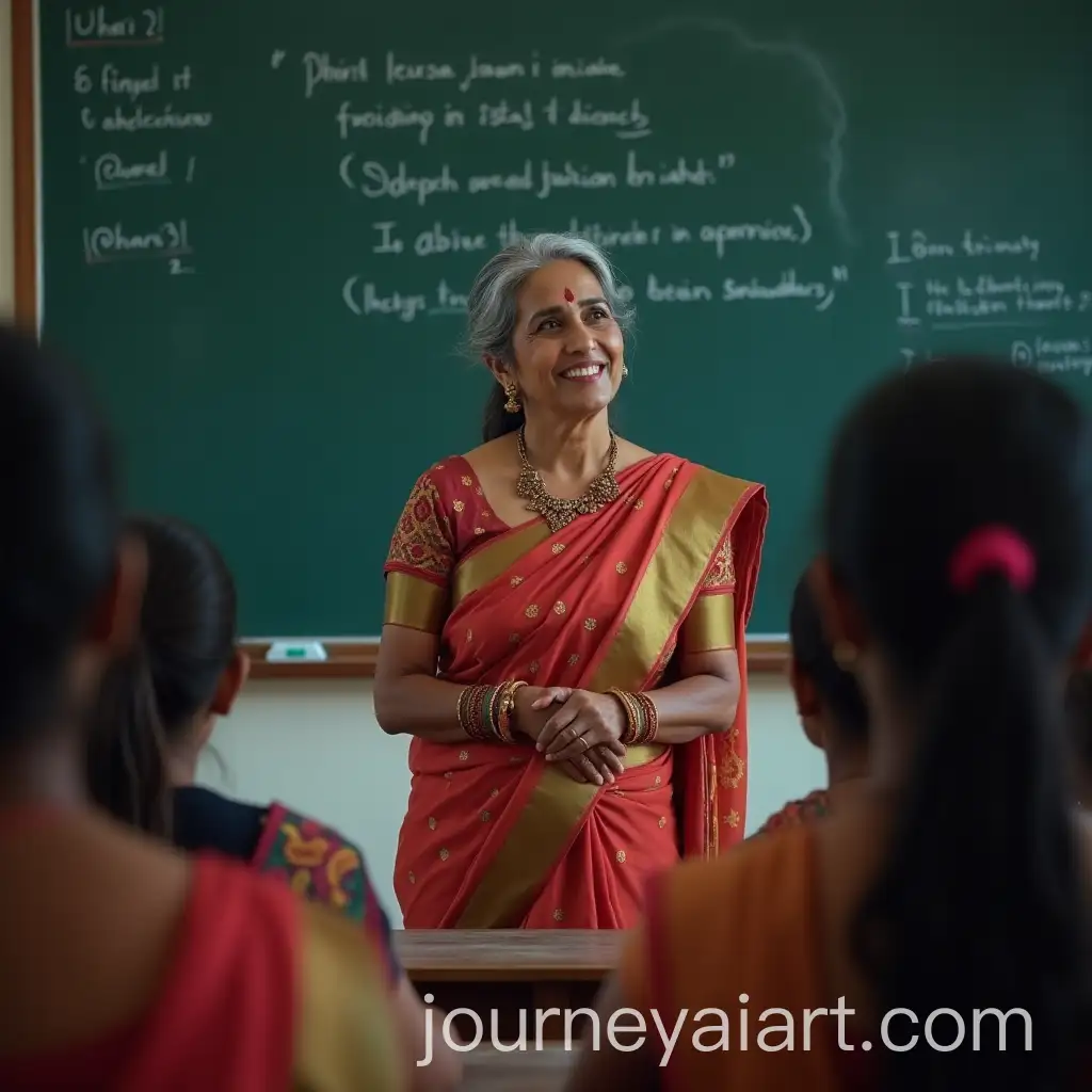 Indian-Woman-Teacher-in-Colorful-Saree-Teaching-Politics-to-Students