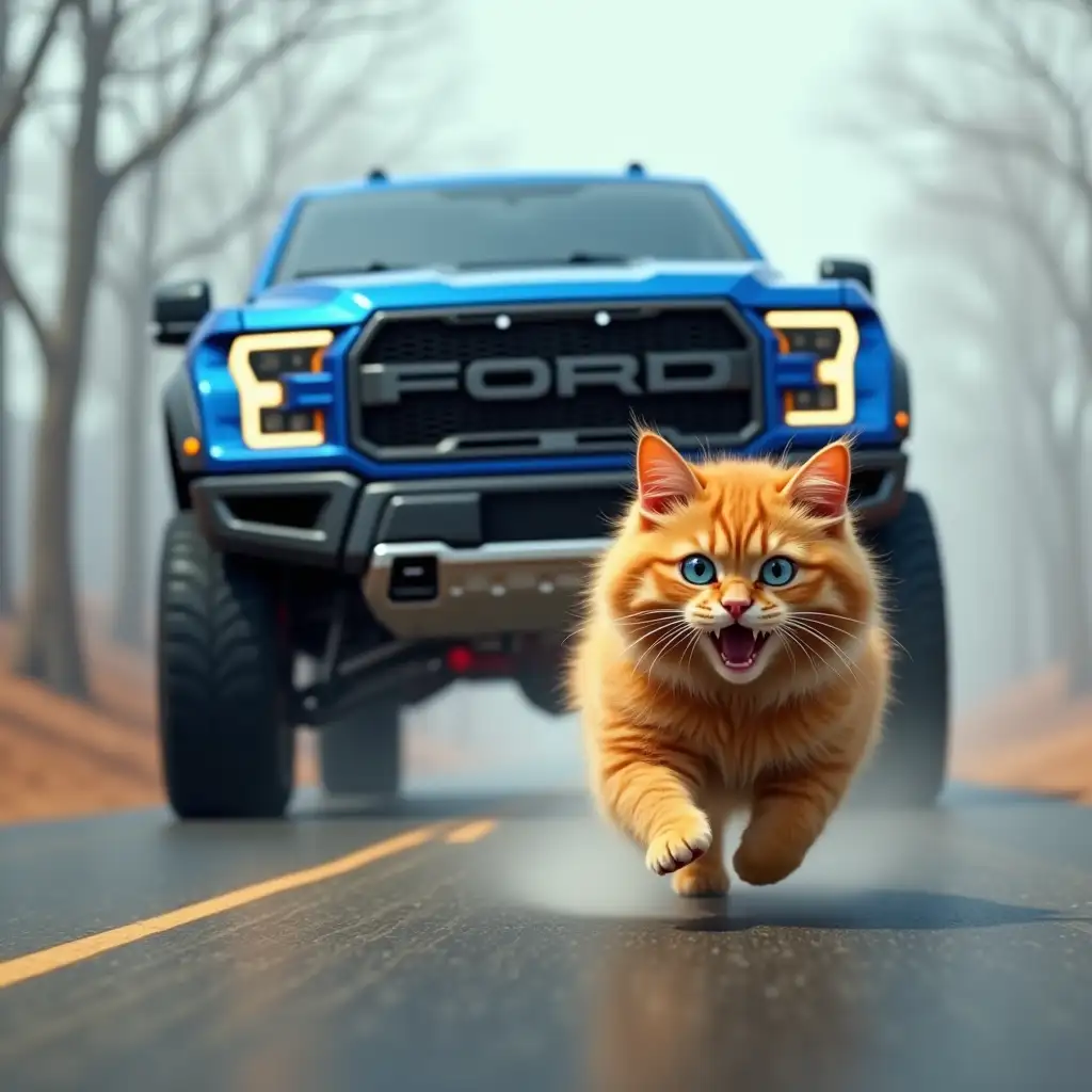 A huge blue ford f-150 raptor chases after a shaggy ginger cat, who runs in horror along the road, one eye of the cat is blue, and the other is yellow, computer graphics