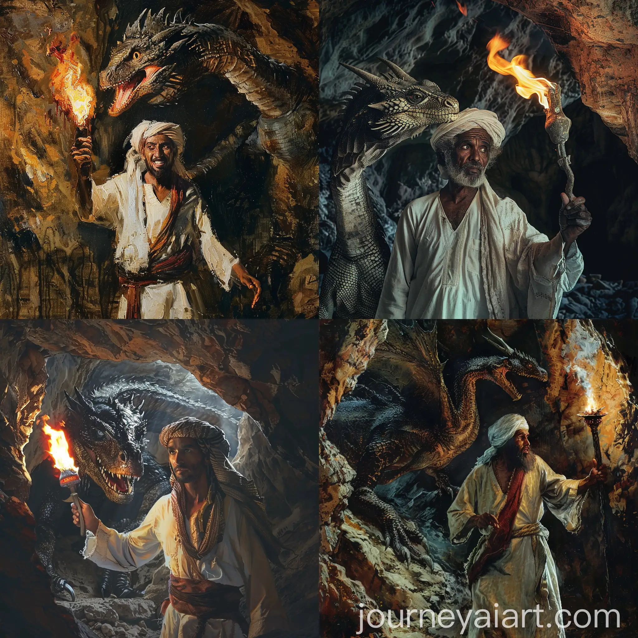 Yemeni-Man-Holding-Torch-Confronts-Dragon-in-Cave