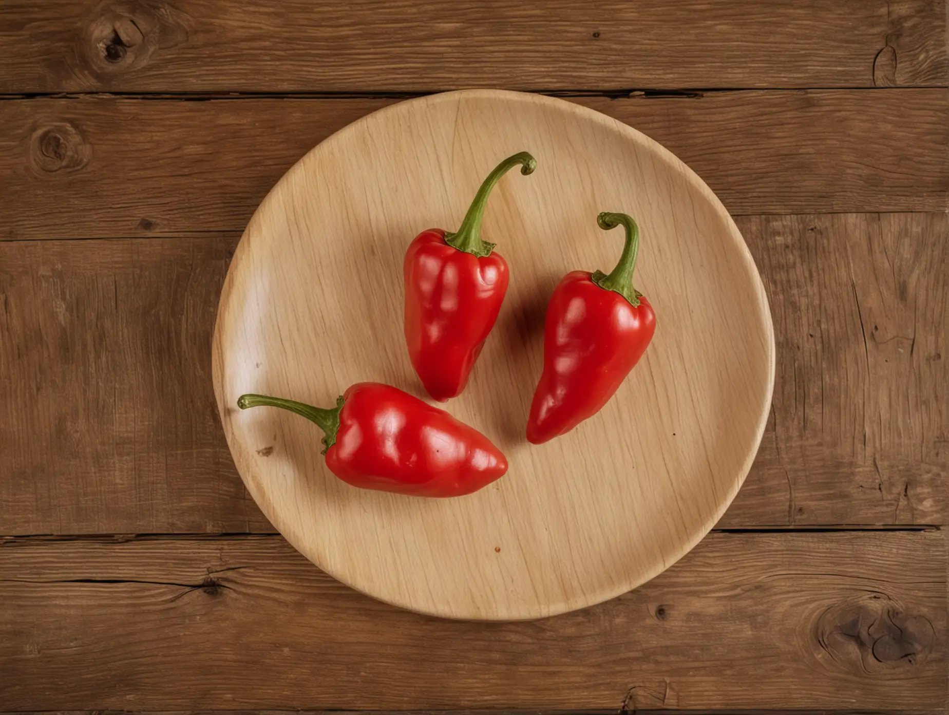 Three small red peppers are lying on a plate that stands on a wooden table.