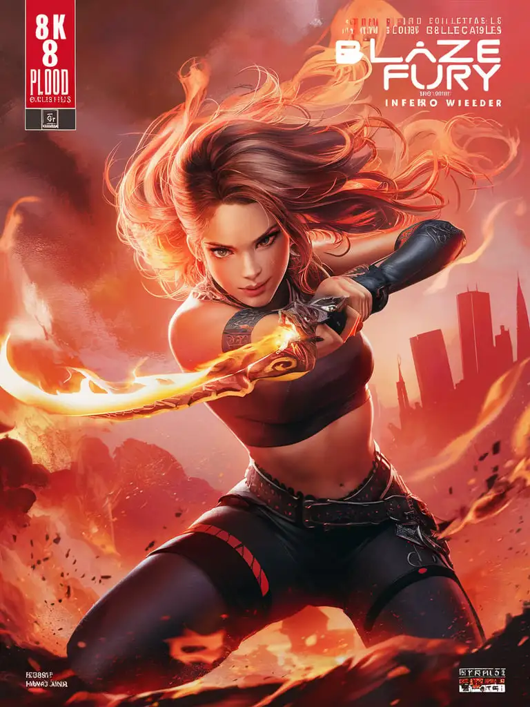  Design an 8K #1 comic book cover for Title: "New Blood Collectables" featuring sub-title: "Blaze Fury", the Inferno Wielder. Use FSC-certified uncoated matte paper, 80 lb (120 gsm), with a slightly textured surface.