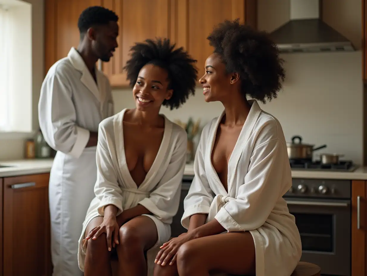 Two young black student flirtatious women of 15 years, sitting on a kitchen stool. Sweaty in an open, low-cut bathrobe, admiring the butler who is cooking preparing breakfast. Morning.