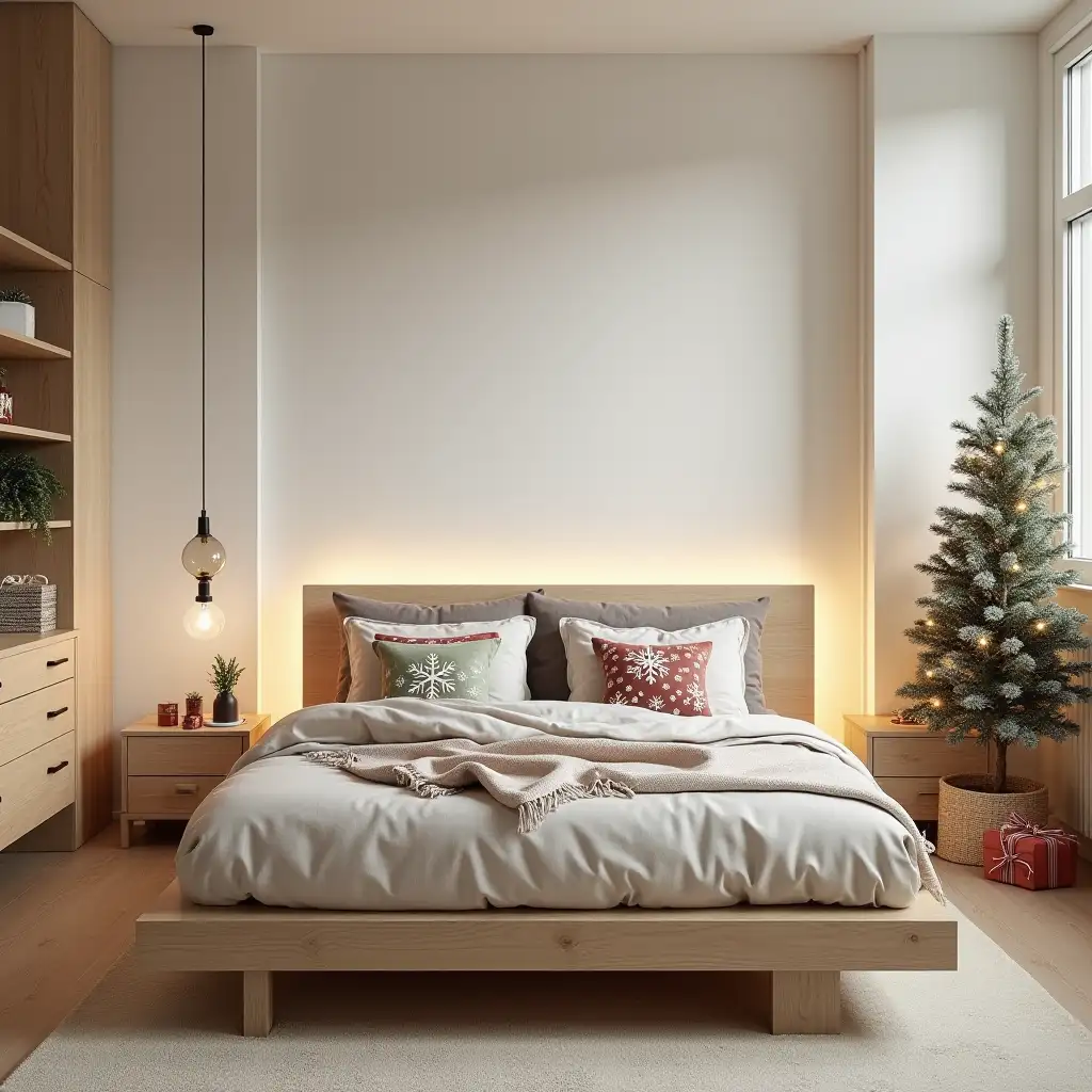 A cozy and modern bedroom with light oak furniture. The bed features a light wood platform (canapé) with simple, neutral bedding. On the bed, there are a few decorative cushions with subtle Christmas motifs like snowflakes or soft patterns in red, green and white colors, adding a festive touch without being overwhelming. The nightstands and dresser are minimalistic, with no legs, placed directly on the floor, similar to the ones shown in the reference image. The room exudes a warm and inviting atmosphere, with soft lighting to create a relaxing, cozy ambiance. No Christmas trees or overly festive decorations are present—only small touches on the bed, keeping the focus on comfort and style