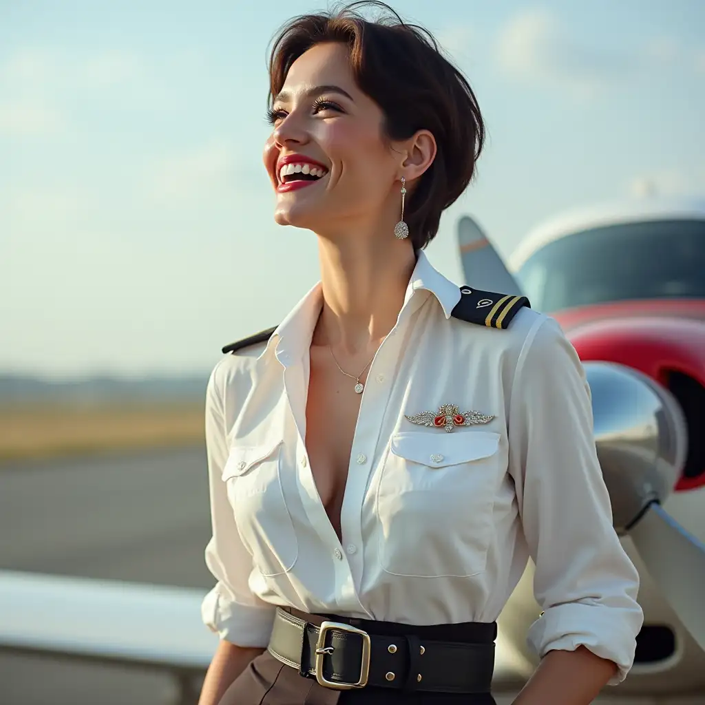 norvegian lady , in white casually deep-necked pilot uniform unbuttoned shirt, laughing with her mouth open, red lipstick accentuating her smile,belt on waist, big wide hips, chest are fully grown, jewerly, short hair, HD, holds long riding crop, airport, photo-realism,