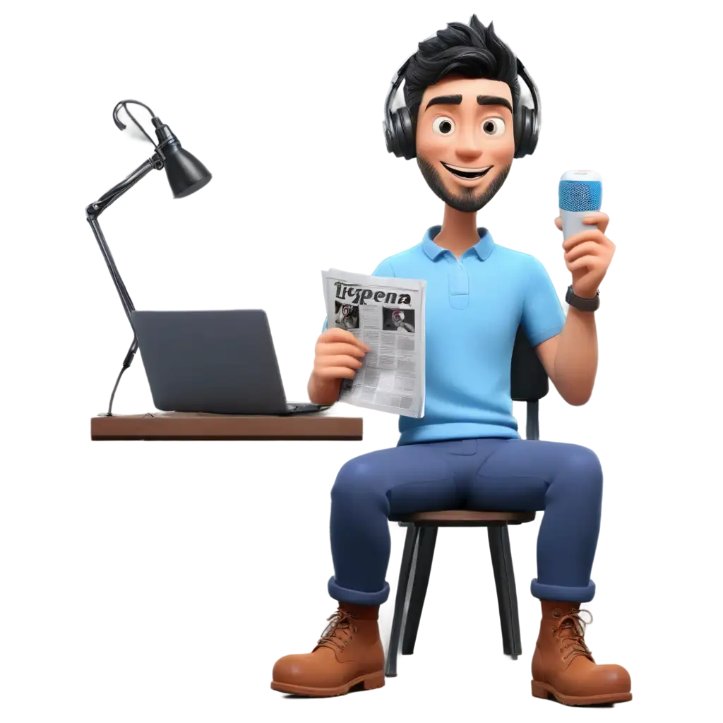 HD-PNG-3D-Character-of-Young-Man-Holding-Cellphone-and-Newspaper-in-Podcast-Studio-with-Blue-Shirt-Featuring-tigapenacom-Text