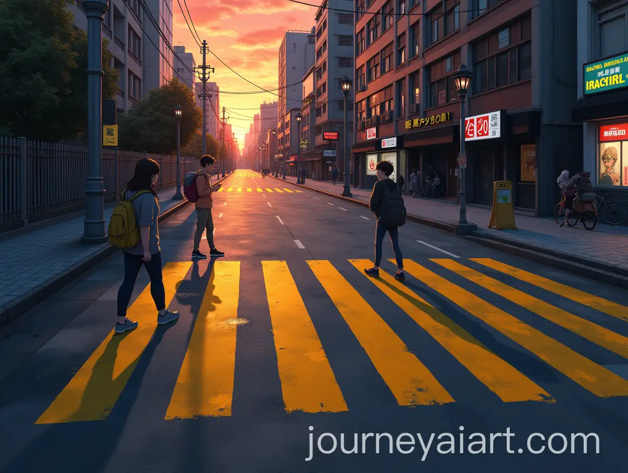 Hyperrealistic-AnimeStyle-Urban-Street-with-Faded-Crosswalk-and-Sunset-Shadows