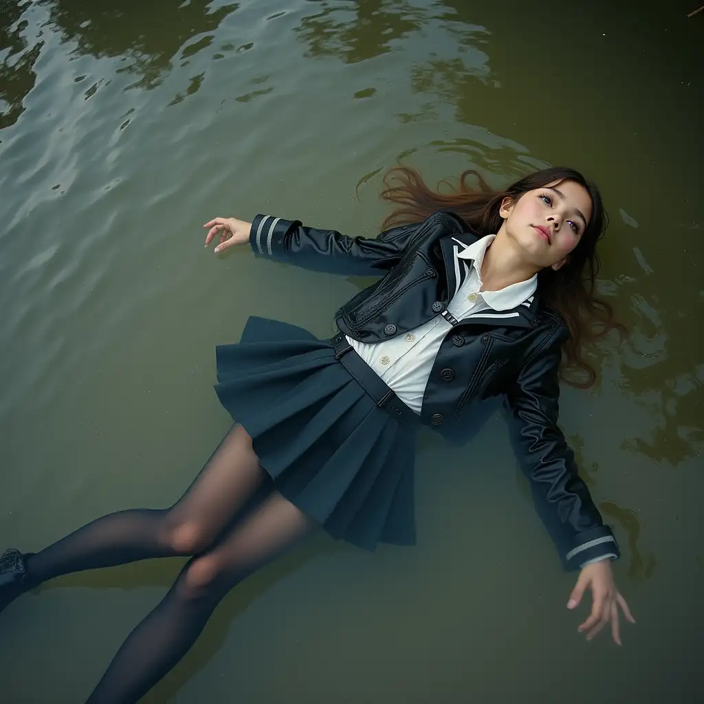 A young schoolgirl in a school uniform, in a skirt, jacket, blouse, dark tights, high-heeled shoes. She is swimming in a dirty pond, lying underwater, all her clothes are completely wet, wet clothes stick to her body, the whole body is underwater, submerged in water, under the surface of the water, below the water's edge.