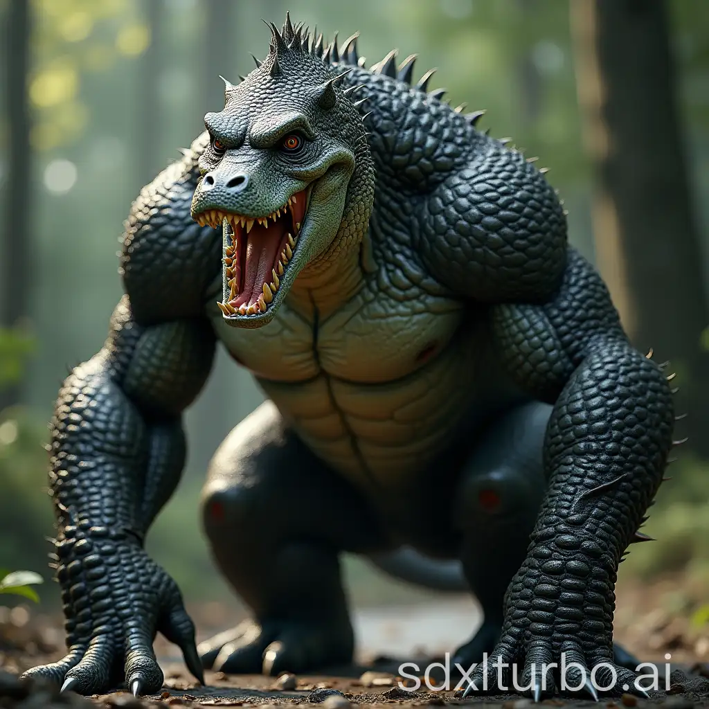 a muscular, hyper-realistic, 16k resolution, Unreal Engine style hybrid of a crocodile and a gorilla