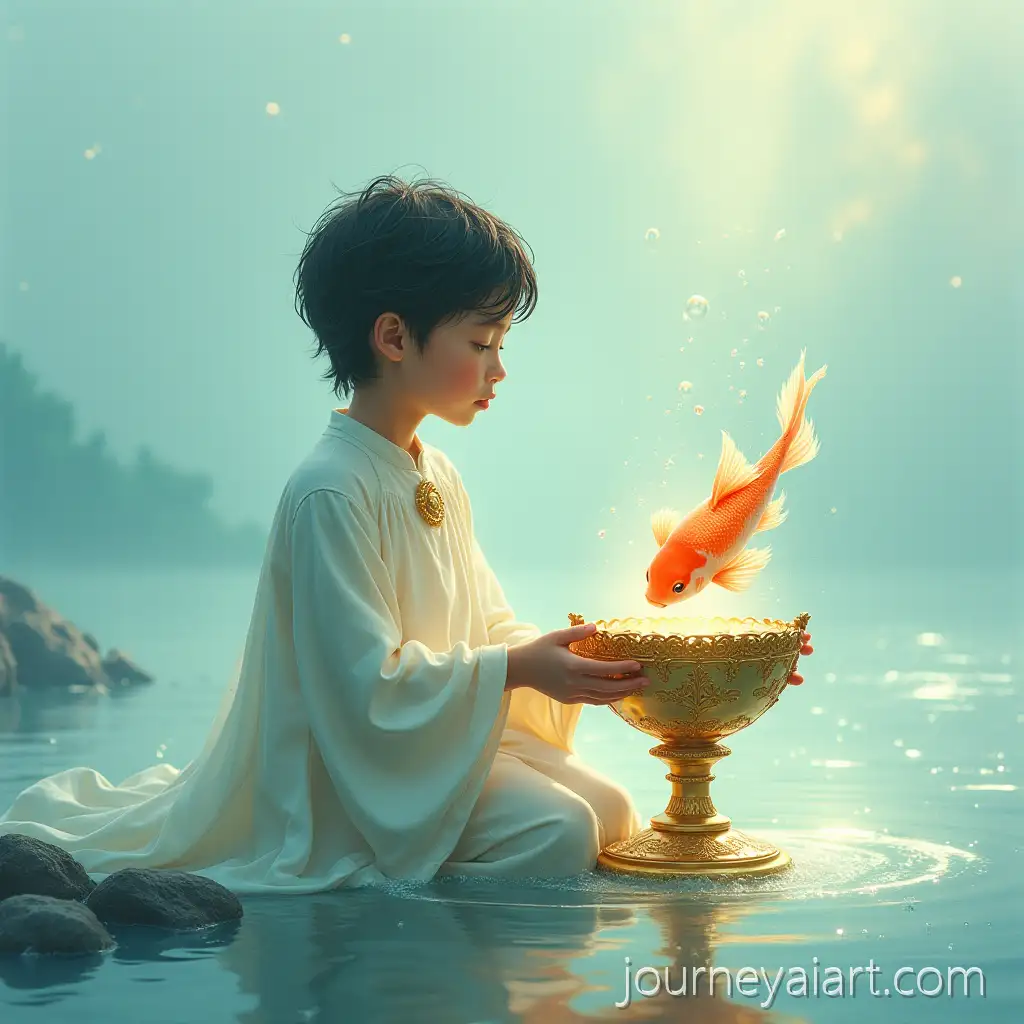 Young-Page-Holding-Golden-Chalice-with-LuminousEthereal-page-with-koi-Koi-Fish-at-Misty-Shoreline