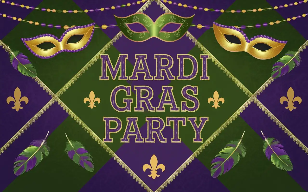 Mardi Gras Party text in bold serif font with a gold outline, set on a green, purple, and gold diagonal-striped background, decorated with masks, fleur-de-lis, and feathered ornaments, evoking traditional Mardi Gras vibes.