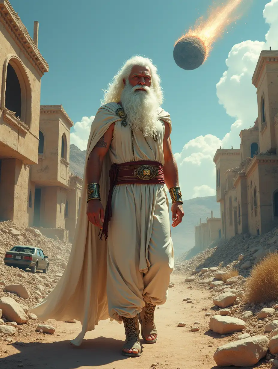 supervillain wearing a Greek-themed, white hair and beard, he's walking through a destroyed valley with destroyed buildings and cars and in the sky you can see a meteorite