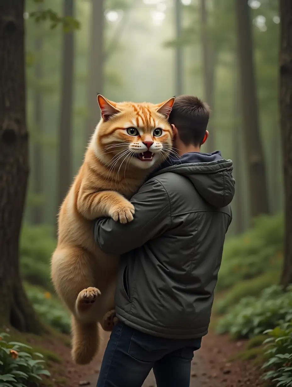 a man hugging a very large funny creature cat in the middle of the forest