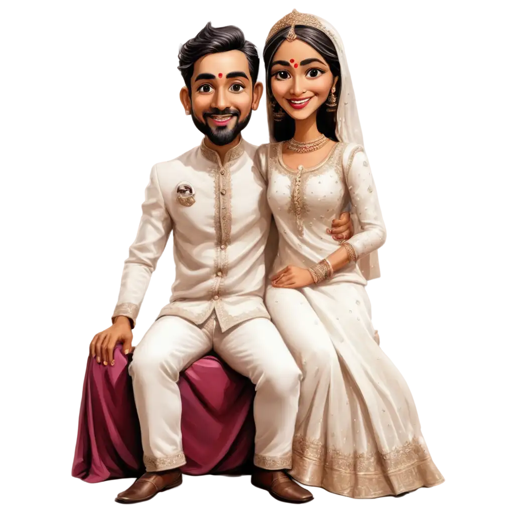 Indian-Wedding-Caricature-PNG-Bride-and-Groom-Sitting-in-a-Playful-Cartoon-Style