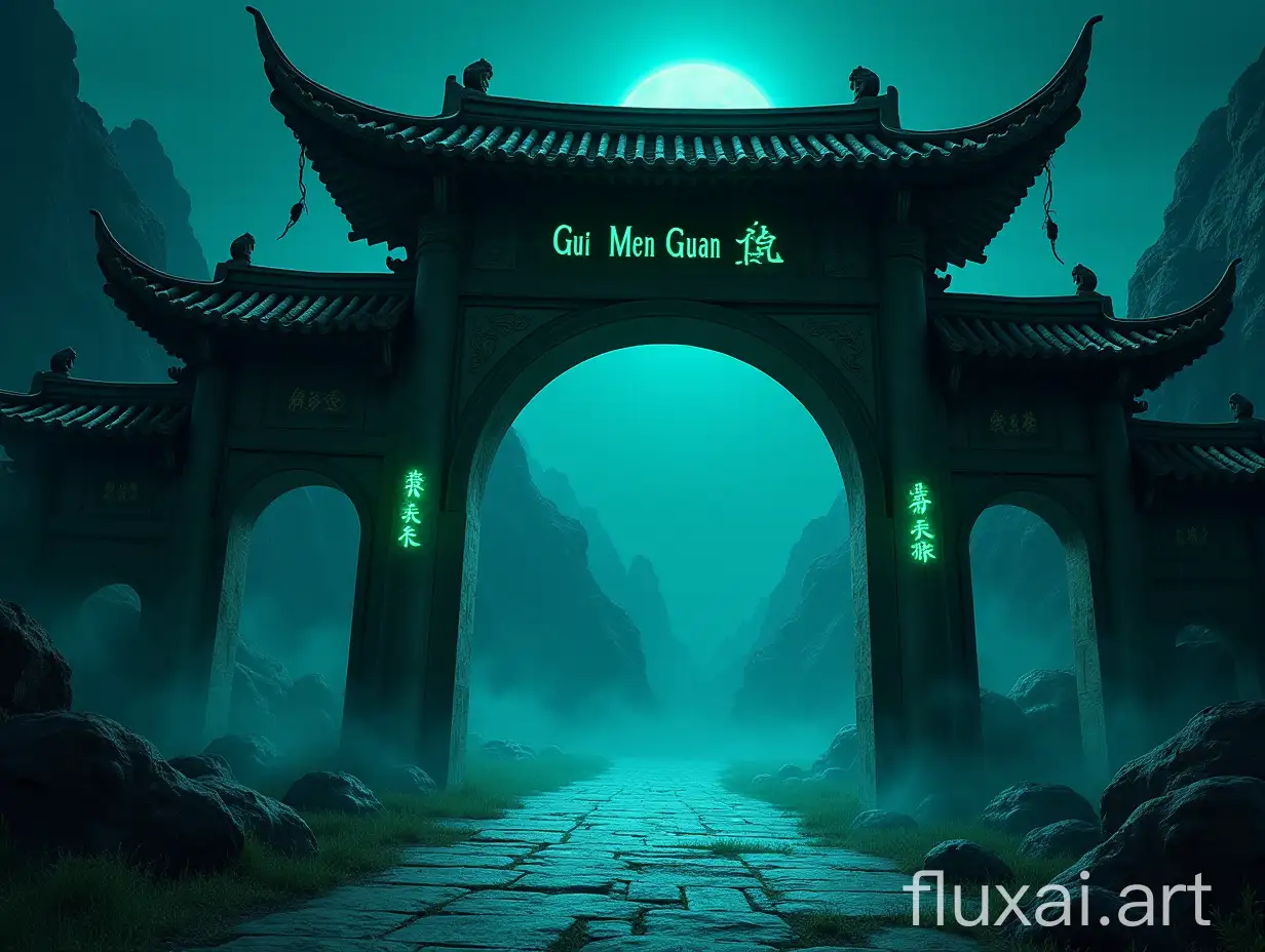 please draw a picture--the ancient and mysterious architecture of the underworld. A Chinese-style archway has the words 'Gui Men Guan' written on it. The scene was eerie and terrifying, with two dark green lanterns next to it emitting a pale blue light, and ghosts floating among them. far away is dark mountain.