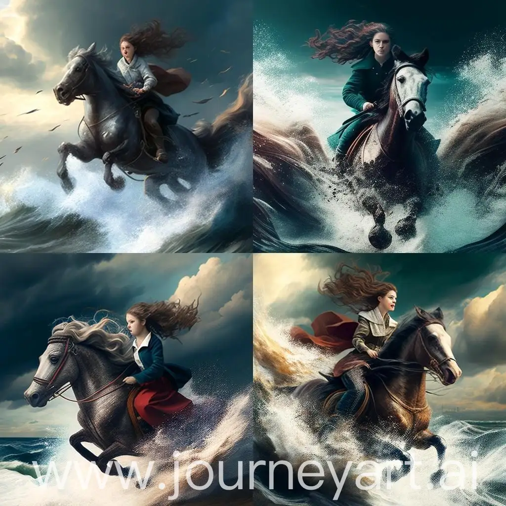 Girl-Riding-Horse-by-Crashing-Waves-and-Ships-under-Cloudy-Sky