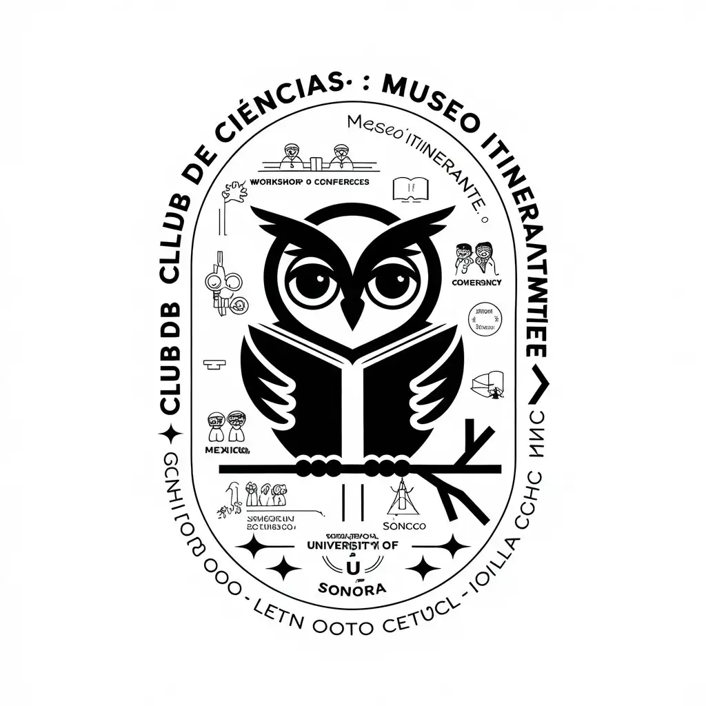 a vector logo design,with the text "Club de Ciencias: Museo Itinerante, Playing with Physics", main symbol:• Sonora state, Mexico
• Drawings alluding to workshops and conferences for children
• The owl, with the book it is interesting to design it alone.
• STEAM methodology
• Science and technology
• University of Sonora
• Ethnic groups of Sonora, Mexico
,complex,clear background