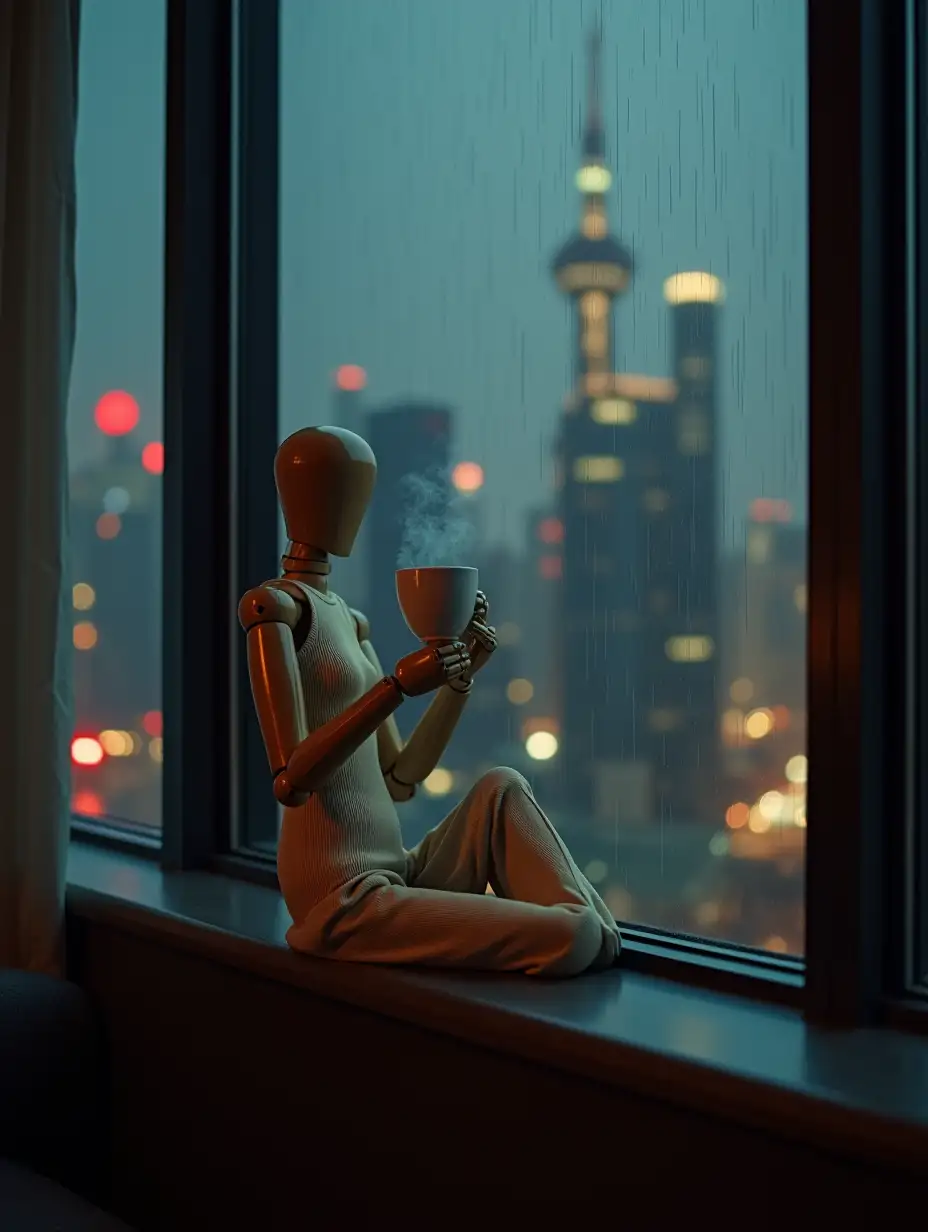 Wooden-Mannequin-in-Pajamas-Overlooking-Rainy-Shanghai-at-Night