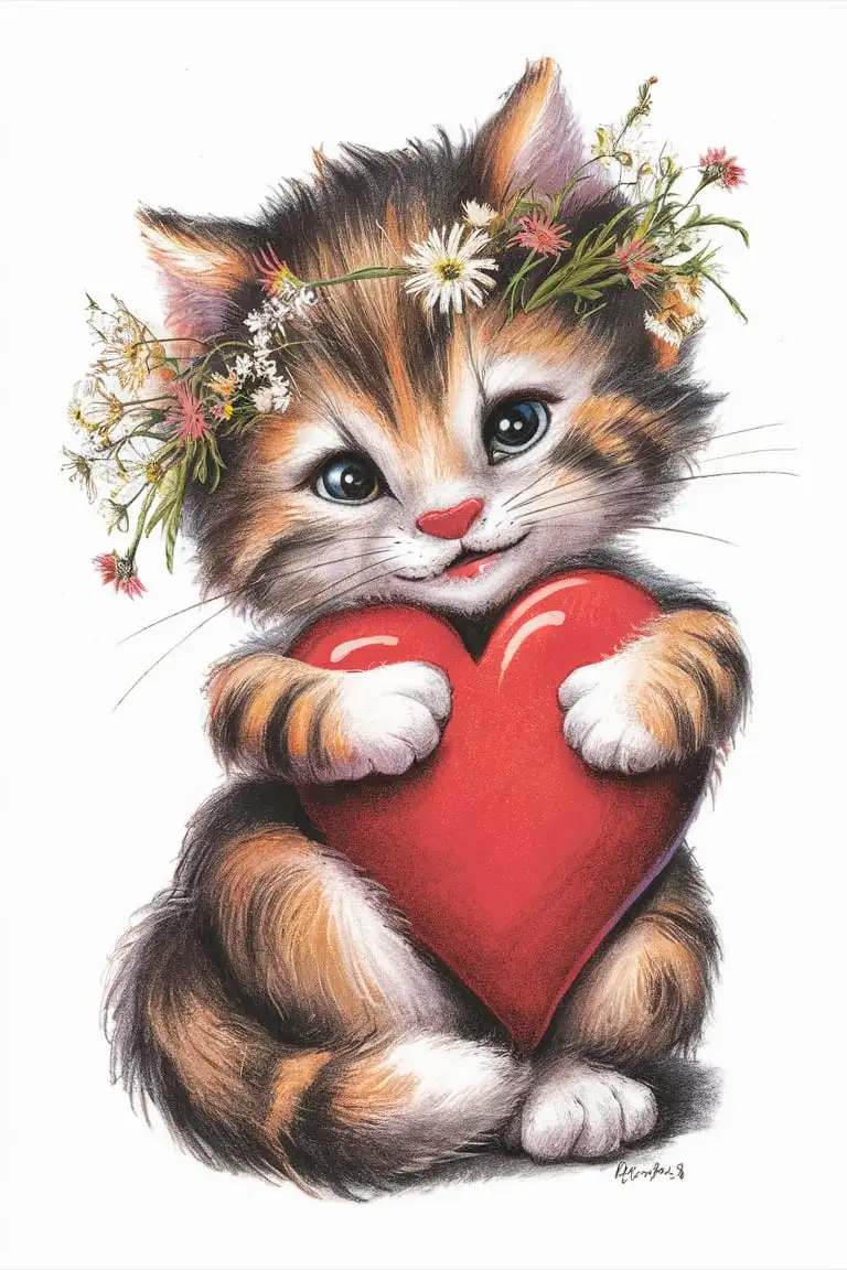 Adorable-Anthropomorphic-Kitten-Holding-Plush-Red-Heart-with-Wildflower-Wreath