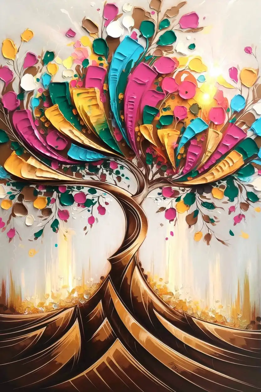 A joyful, vibrant Tree of Life with a stylized, abstract trunk rendered in bold, flowing shapes and warm chestnut brown tones—more symbolic than realistic. The trunk appears dynamic and artistic, with swirling lines or subtle geometric forms, firmly rooted in lively, textured earth. The tree has exactly four main branches reaching upward and outward in an organic, unified canopy. The crown bursts with expressive, semi-abstract floral and leafy shapes, featuring a joyful mix of vivid colors within individual leaves and flowers—including fuchsia, emerald green, sunny gold, sky blue, and coral pink—blending together in unexpected, uplifting combinations. Painterly brushstrokes add energy and movement, layered with warm golden light filtering through the leaves, creating a glowing, radiant atmosphere. The background is clean, crisp white with subtle light flares and a delicate canvas texture, enhancing clarity and emphasizing the tree’s vibrant colors. Rendered in a modern abstract style inspired by Peter Koenig (Piroú), featuring high-resolution digital brushwork, vibrant color accents, and a lively, warm emotional tone. A modern gallery-style painting celebrating life, joy, and vitality.