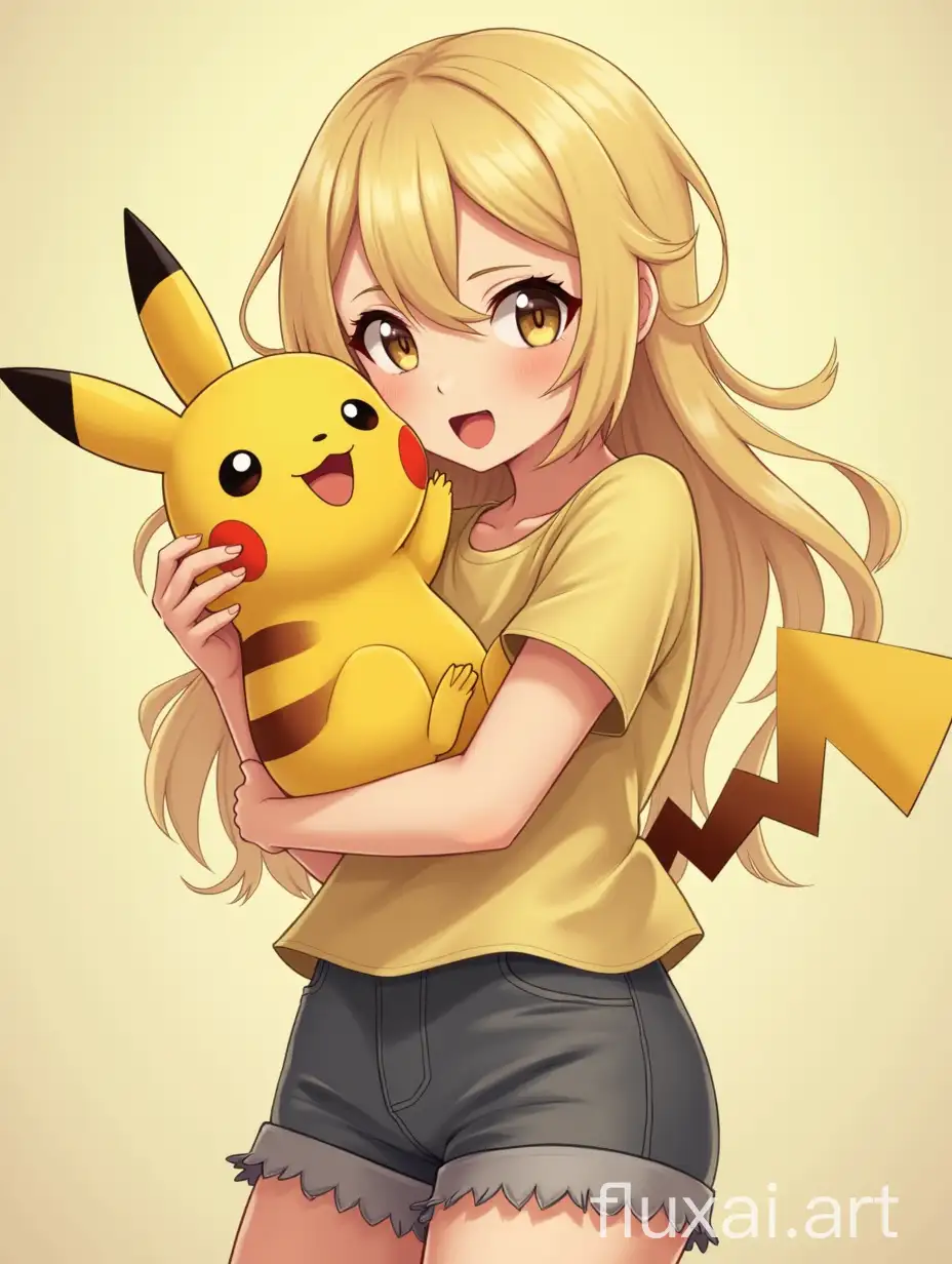 A beautiful blonde girl in a t-shirt is holding Pikachu