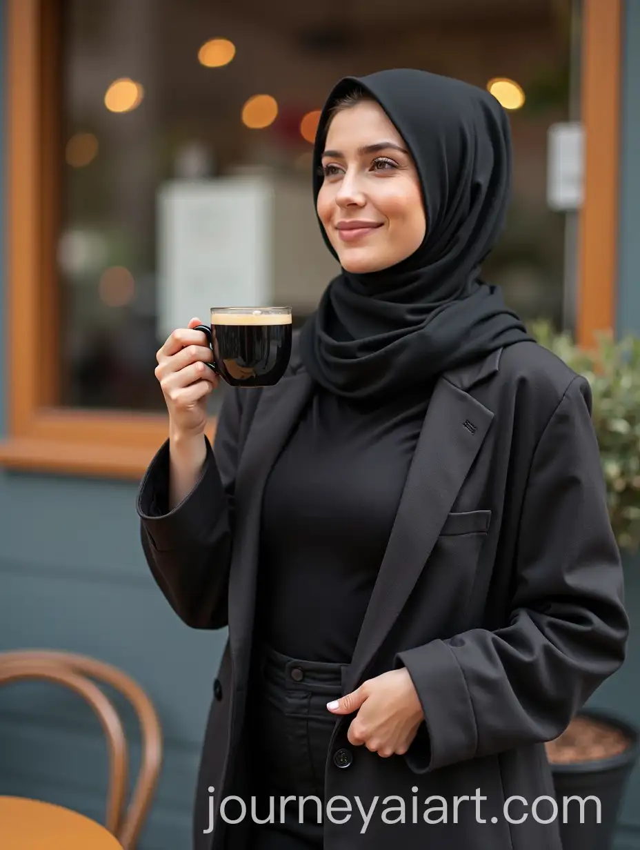 Turkish-Woman-EnjoyingAI-Image-Prompt-Expansion-Black-Coffee-at-Outdoor-Cafe-in-Hijab