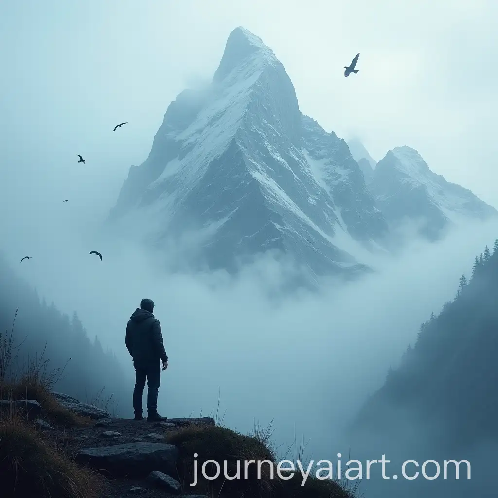 Man-Standing-on-Winter-Mountain-with-Fog-and-Birds