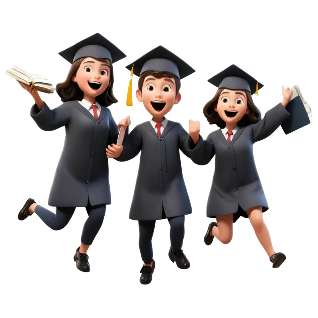 3D-Illustration-of-Two-Excited-Graduating-Students-with-Books-and-Money-in-the-Air-PNG-Image