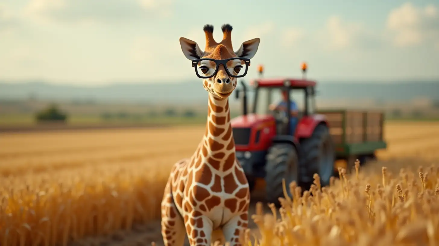 Baby Giraffe in Glasses Farming with a Tractor in the Fields