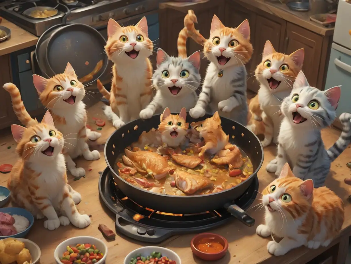 Excited-Cats-Surrounding-a-Fish-in-a-Cozy-Kitchen-Scene