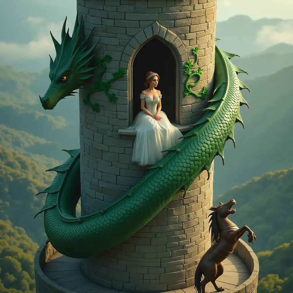 an enchanting aerial image of a beautiful princess sitting elegantly inside a tall tower. The tower is dramatically entwined by a massive green dragon with a menacing appearance, its scales shimmering in the light. At the base of the tower, depict a brave knight on a spirited steed, rearing up on its hind legs in a display of courage. The perspective should be from above, capturing the grandeur of the scene and the contrasting elements of beauty and danger. The vibrant colors of the dragon, the princess's attire, and the knight's armor should pop against the backdrop of the tower and surrounding landscape, creating a captivating and dynamic composition